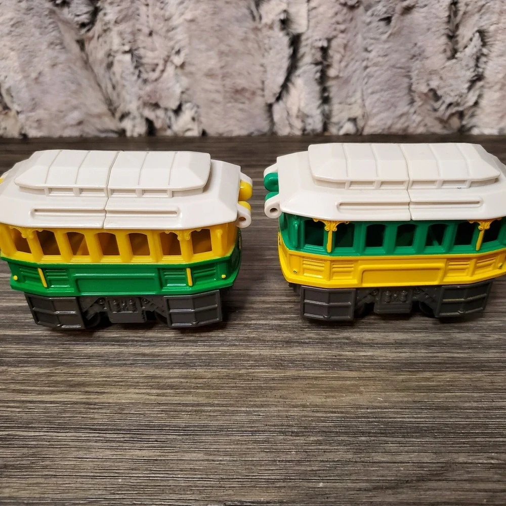 Fisher Price Geotrax Cable Cars - TWO No Motor Push Toys Roof Opens Yellow Green